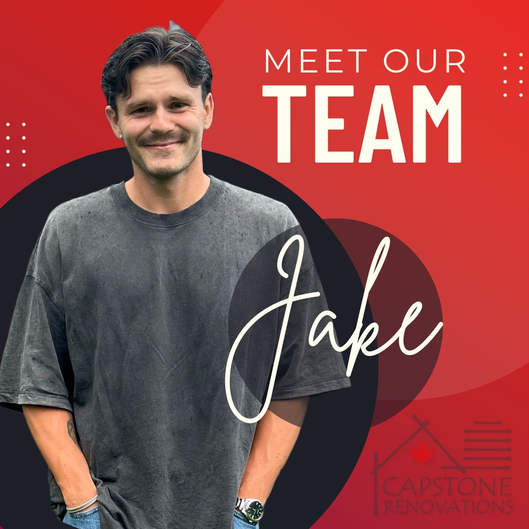 A man standing in front of an image with the words " meet our team jake ".